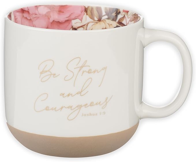 Christian Art Gifts Ceramic Floral Coffee Mug for Women: Strong & Courageous Bible Verse, Encouraging Gift for Women, Novelty Cup, Clay Base, Sturdy Handle, White & Gold, 14 oz. by ChristianArtGifts