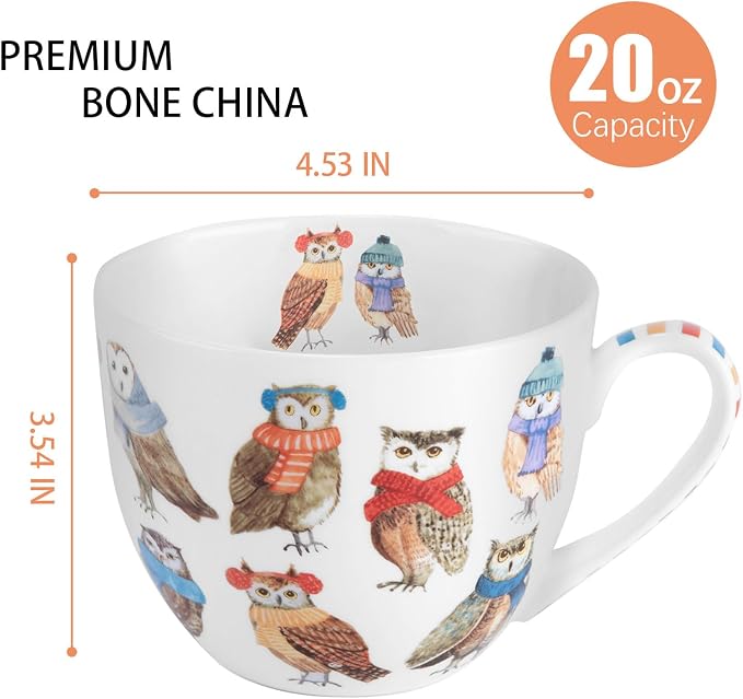 Cute Autumn Owls Coffee Mug, 20 oz Bone China Mugs with Charming Owls in Color Scarves and Hats, Perfect Brithday and Christmas Gift for Bird Enthusiasts, Designed in England by Harvest Green Studio - Image 2
