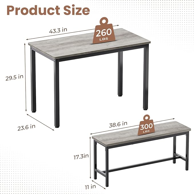 Dining Table Set for 4, Kitchen Table with 2 Benchs, Grey | Modern Functional 3 Piece Space-Saving Dining Room Table Set for Apartment, Breakfast Nook, Small Space - Image 2