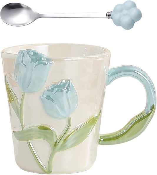 Floral Ceramic Coffee Mug 11.8 Oz Espresso Cup, Cute Flower Tea Cup with Handle for Women, Girly Mug Gift for Christmas Birthday, Home Office Drinkware, Blue by Unknown