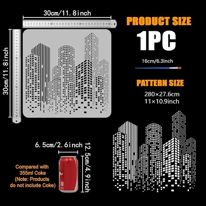 FINGERINSPIRE Skyscraper Stencil with Paint Brush 11.8x11.8inch Reusable City Buildings Drawing Template Tall Buildings Stencil Large Modern Cityscape Template for DIY Crafts Furniture Wall Decor - Image 2