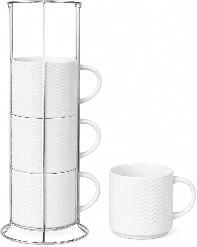 Hasense Coffee Mugs Set of 4 with Stand, 15 oz Porcelain Stackable Coffee Cups Set with handle for Tea, Latte, Milk and Cappuccino, White Embossed Tea Cups Set with Geometric Pattern for Men and Women by Hasense