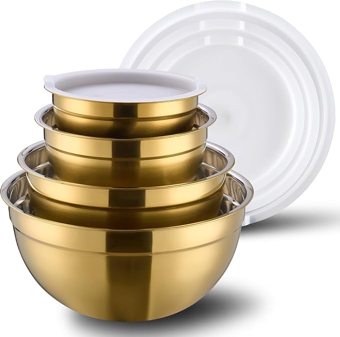 4 Piece Gold Mixing Bowls With Lids for Kitchen, Stainless Steel Set Ideal for Baking, Prepping, Cooking and Serving Food, Nesting Metal Bowls for Space Saving Storage by DINYWOW
