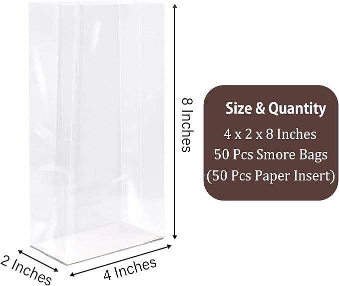 Morepack Gusseted Flat Bottom Cellophane Bags 4x2x8 In 50Pcs | Smore Bags with Paper Insert - Image 2