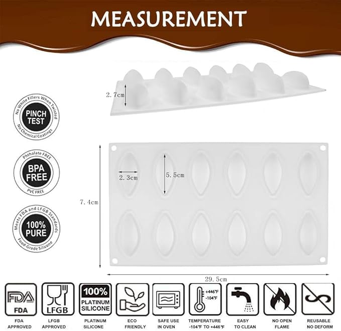 3D Quenelle Dessert Silicone Baking Mold for Mousse Cake, Silicone Molds for Chocolate, French Dessert Mold for Pastry Chocolate, Reusable Non-Stick Easy Release Baking Molds (12-Cavity)
