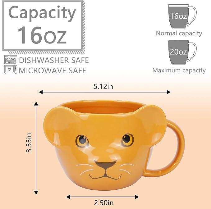 Lion Mug 16 oz Cute Ceramic Coffee Mug 3D Porcelain Tea Cup for Women Kawaii Gifts for Christmas, Housewarming, Holidays, Birthdays, Men, Kids, Friends Yellow - Image 2