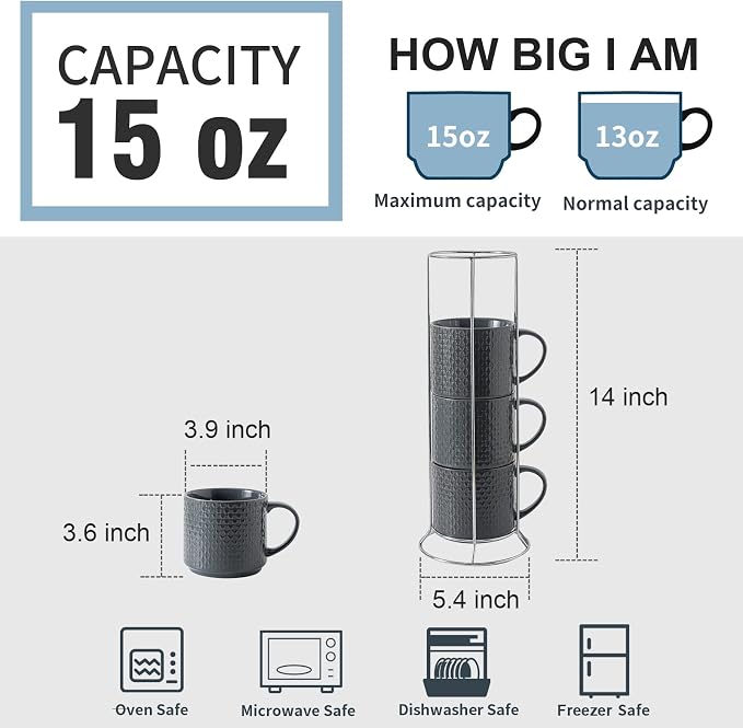 Hasense Coffee Mugs Set of 4 with Stand, 15 oz Porcelain Stackable Coffee Cups Set with handle for Tea, Latte, Milk and Cappuccino, Grey Embossed Tea Cups Set with Geometric Patterns for Men and Women - Image 4