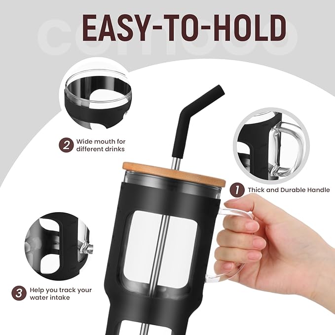 COMOOO 40oz Glass Tumbler with Bamboo Lid and Straw, Glass Water Cup with Handle, Iced Coffee Drinking Cup with Silicone Sleeve, Glass Tumbler Dishwasher Safe, Cup Holder Friendly, Black