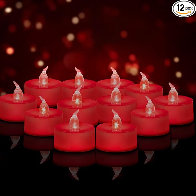 Tea Lights Battery Operated Candles LED Tea Lights Flameless Candles 200+ Hours Flickering Fake Tealights for Sweetest Day Wedding Home Decorations Party (Red Base, 12 Pack) by Candlium