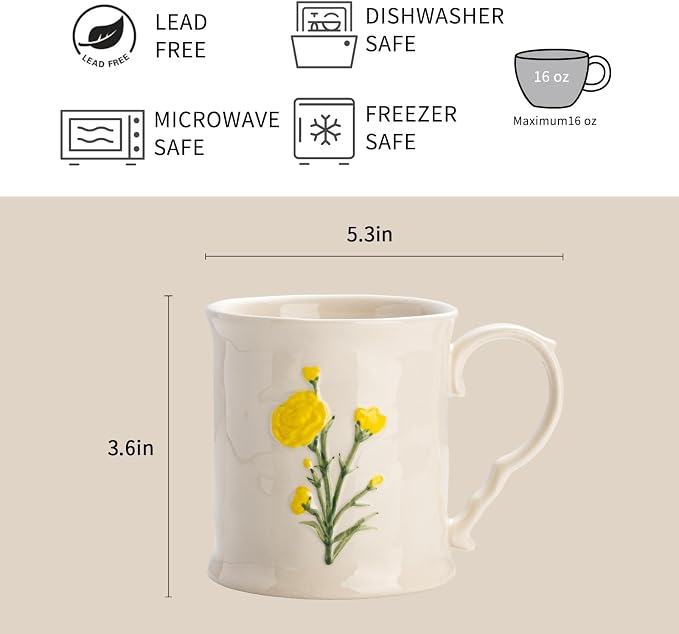 Ceramic coffee Mugs, Set of 1 Yellow Flower - 16oz, Hand-Painted, Microwave heating and dishwasher cleaning available, Ideal for Daily Brews - Image 2
