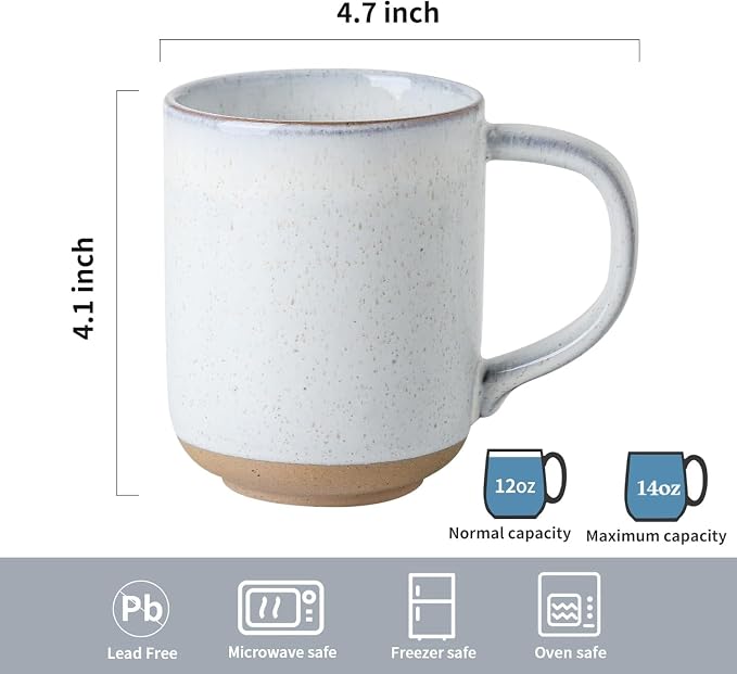 HASENSE Ceramic Coffee Mugs Set of 4, 14 oz Stoneware Coffee Cups with Handle and Speckle for Latte, Cappuccino, Cocoa, Tea and Milk, Microwave and Dishwasher Safe Cups for Men Women, Bluish White - Image 3