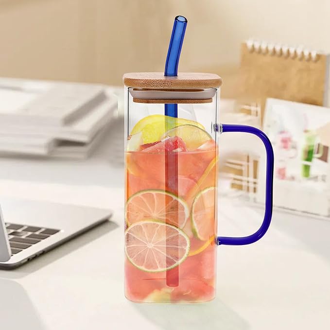 Luxshiny High Temperature Resistant Transparent Glass Cup with Lid and Straw Black Square Tumbler for Iced Coffee Juice Tea Milk Drinking Bottle with Handle for Students and Summer Use