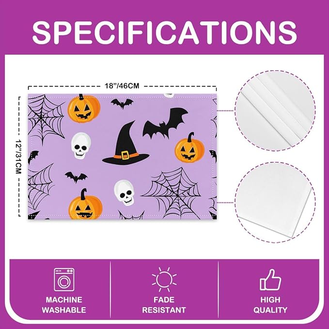 Feelyou Happy Halloween Placemats Set of 4 Pumpkin Lantern Skull Table Mats for Party Kitchen Dining Decoration Purple Orange White Place Mat for Table Holiday Decor Indoor Outdoor 18"x12" Bats Cobweb - Image 4