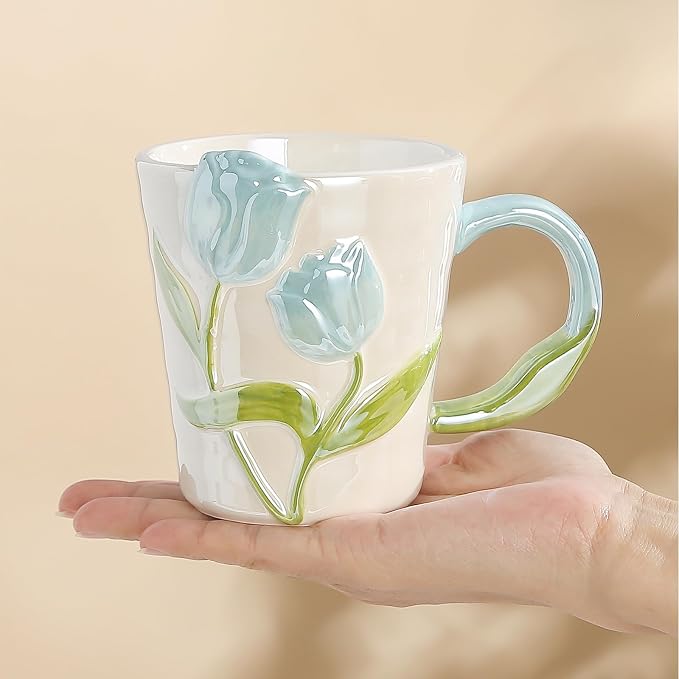 Floral Ceramic Coffee Mug 11.8 Oz Espresso Cup, Cute Flower Tea Cup with Handle for Women, Girly Mug Gift for Christmas Birthday, Home Office Drinkware, Blue - Image 4