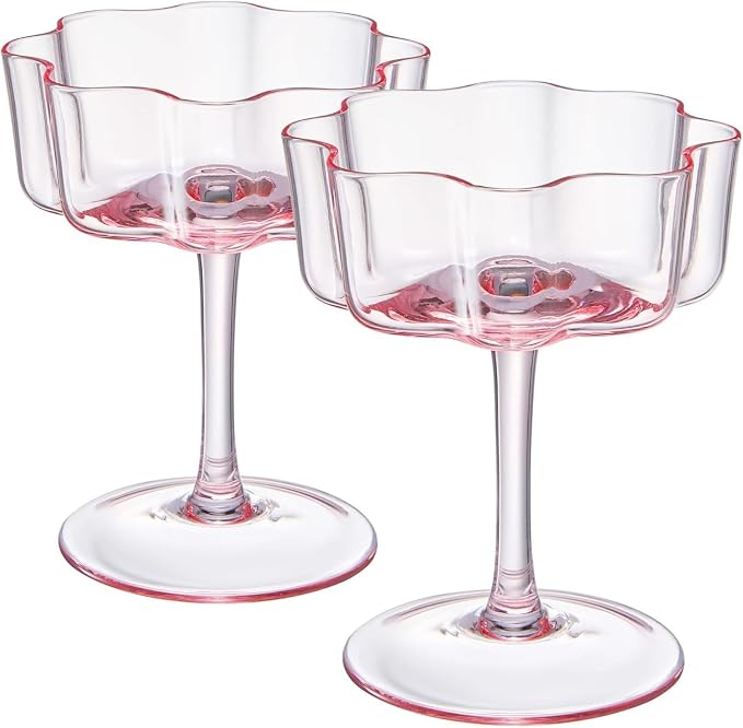 Khen Flower Vintage Wavy Petals Wave Glass Coupes 7oz Colorful Martini, Champagne & Cocktails - 2 Set - Rippled & Champagne Glasses, Bar Glassware Copyright Design (Pink) - Image 9