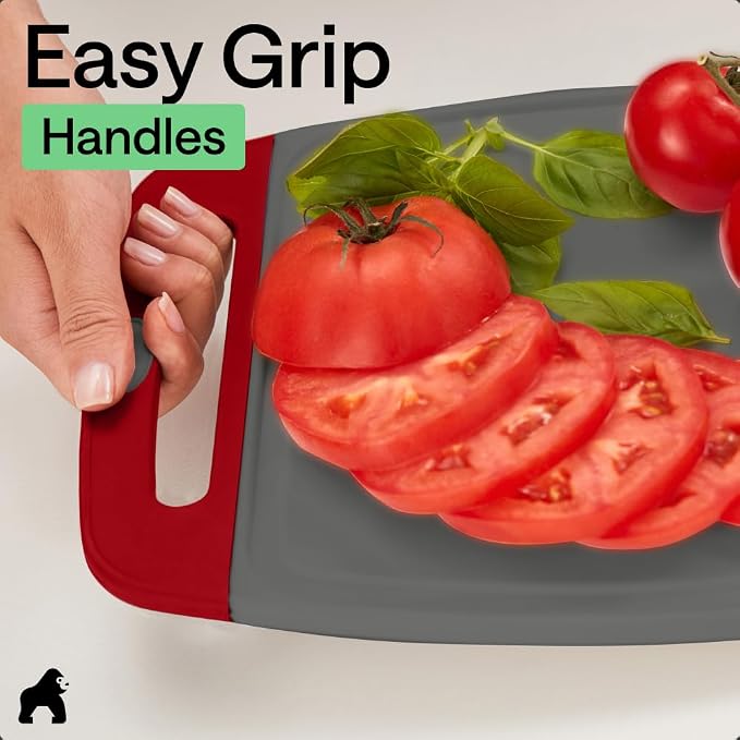 GORILLA GRIP BPA-Free Reversible Kitchen Cutting Board Set of 3, US Designed, Nonporous, Juice Grooves Catch Liquid, Slip Resistant Border, Dishwasher Safe, Durable Large Food Chopping Boards,Gray Red - Image 8