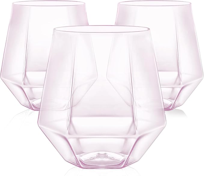 40 Pack Plastic Wine Glasses, 12 Oz Disposable Cocktail Whiskey Glasses | Diamond Stemless Champagne Margarita Glasses, Unbreakable Reusable Plastic Party Cups for Wedding Birthday (Pink) by Maaacute
