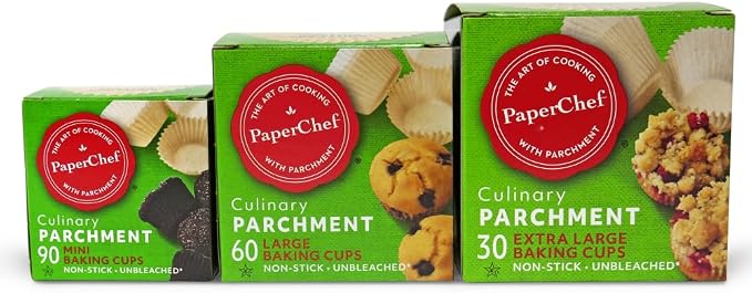 Variety Pack Parchment Cups XL, Large, Mini, Nonstick 3 Pack | Easy Release, Non-Stick Paper, Unbleached, Compostable, Parchment for Cupcakes and Muffins by PaperChef