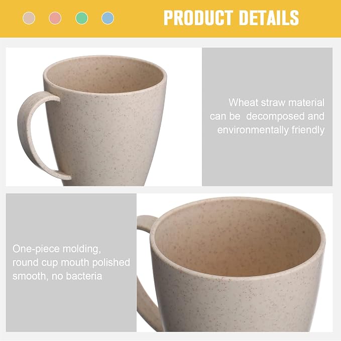 Zopeal 16 Pack Wheat Straw Plastic Coffee Cups Mugs 10 Oz Reusable Plastic Cup Mug with Handle Lightweight Microwavable Dishwasher Safe Unbreakable for Tea Milk Water Juice Coffee (Multicolor) - Image 2