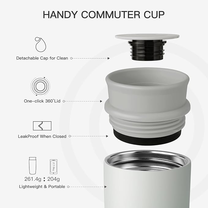 Travel Coffee Mug with 360°Lid, 12 oz Coffee Tumbler Insulated Travel Mugs for Hot and Cold, Vacuum Insulated Stainless Steel Coffee Cup Leak Proof Spill Proof-Ivory Gray - Image 5