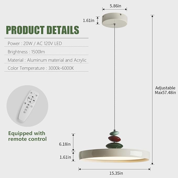Modern Pendant Lights,White 16" LED Pendant Lighting Fixture with Remote Control Dimmable 3 Color Mode & Brightness, Adjustable Hanging Lamp for Kitchen Dining Room Bedroom Kitchen Island - Image 3