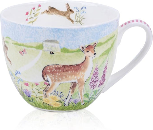 20 oz Deer & Wildflower Coffee Mug, Premium Bone China Cottage Garden Coffee Cup with Rabbit & Butterfly, Thoughtful Gifts for Mom Women Mothers Day, Designed in England by Harvest Green Studio by MFoffice
