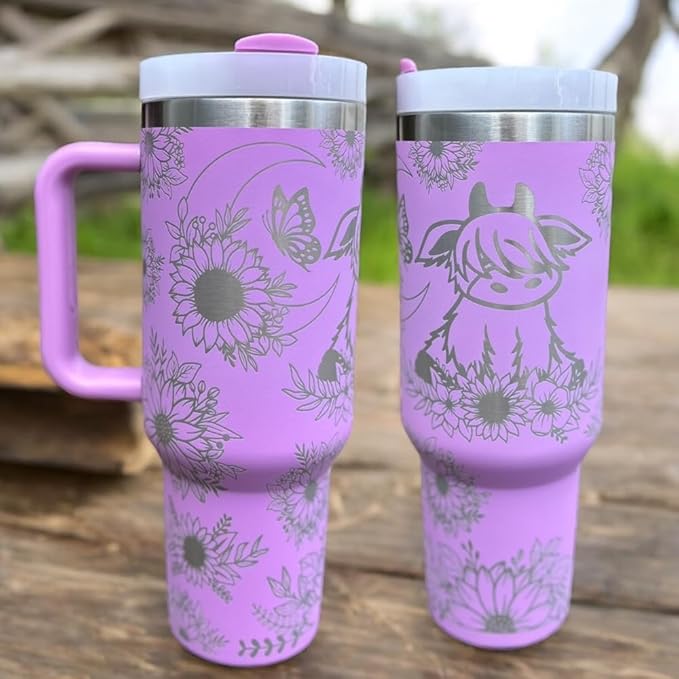 Tumbler, 40oz Tumbler, Western Tumbler, Engraved Cup with Handle, Cute Coffee Mug, 40oz Coffee Mug (Purple- Baby cow/sunflower)
