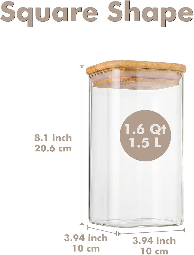 3-Pack 1.6Qt Square Glass Storage Jars with Bamboo Lids | Minimalist Kitchen Organizer,Pantry Storage Container,Food Storage Container,Scandinavian Style Storage,Nordic Style Storage - Image 2