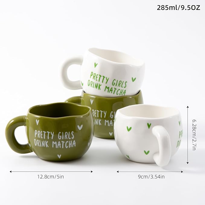 4pcs Ceramic Coffee Cups, 9.4OZ Cute Matcha Cup Set, Green & White, Dishwasher Safe Green Tea Mugs, Pretty Girls Collection - Image 4