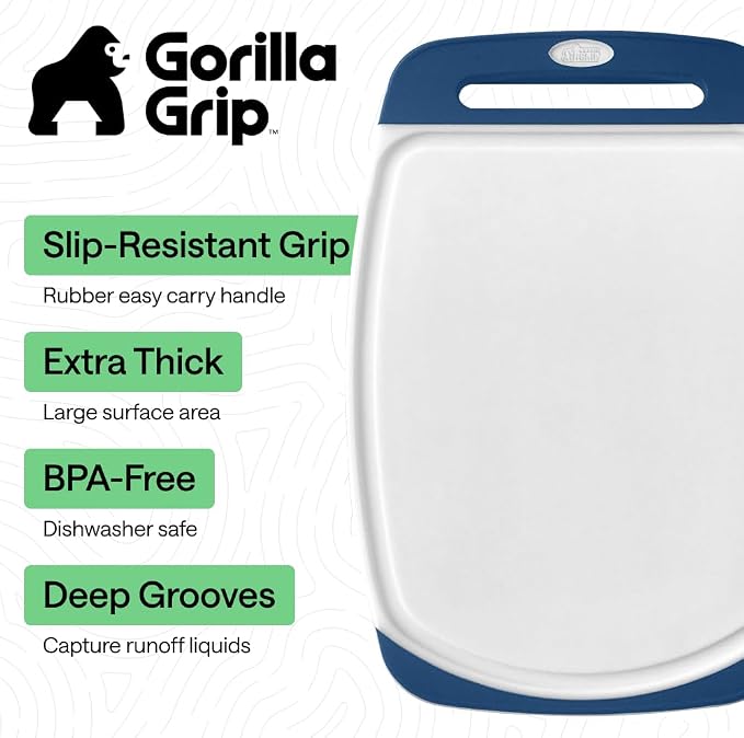 GORILLA GRIP BPA-Free Reversible Kitchen Cutting Board Set of 3, US Designed, Nonporous, Juice Grooves Catch Liquid, Slip Resistant Border, Dishwasher Safe, Durable Large Food Chopping Boards, Blue - Image 2