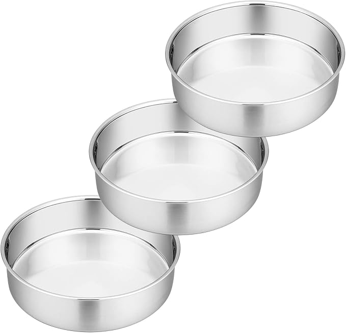 P&P CHEF 8 Inch Round Cake Pan Set of 3, Stainless Steel Baking Cake Pans | Round Baking Cake Pan Bakeware for Layer Birthday Cake, Fit Oven/Pots/Pressure Cooker, Leakproof & Dishwasher Safe, Silver by PPCHEF