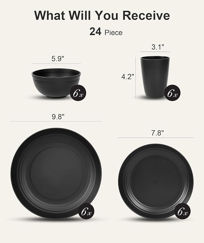 Quatish 24 Piece Plates and Bowls Sets for 6, Unbreakable Dinnerware Sets, Dish Set for Camping, Dishwasher Microwave Safe, Outdoor Kitchen and Apartment Dorm Dinning RV Essentials, Black - Image 2