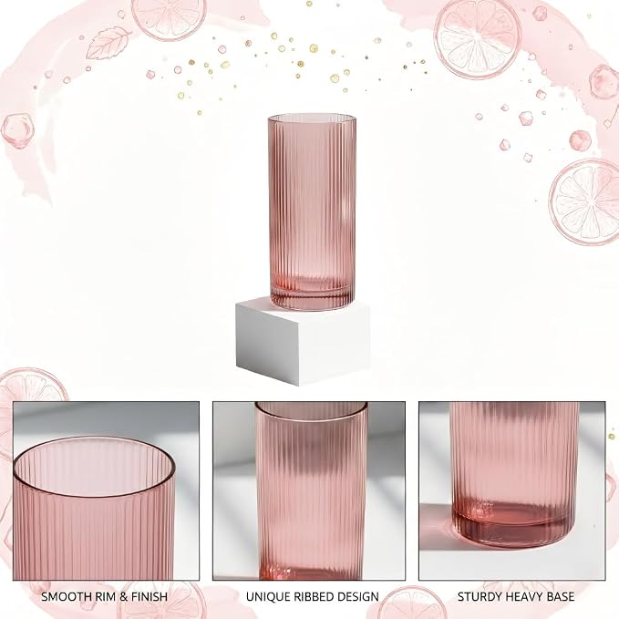 Physkoa Rose Red Ribbed Drinking Glasses Set of 6 – Vintage Embossed Highball Glassware, Thick Durable Tumbler Cups for Water, Juice, Cocktails, Iced Coffee, Kitchen Bar Gift Set - Image 3