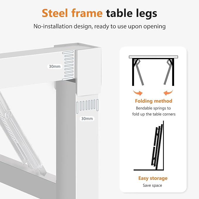 DlandHome 54.3 Inch Large Folding Computer Desk, Fully Assembled, White | Foldable Writing Table, Portable Activity Conference Table for Home Office, Wood Top Metal Frame, Collapsible Easy Storage - Image 3
