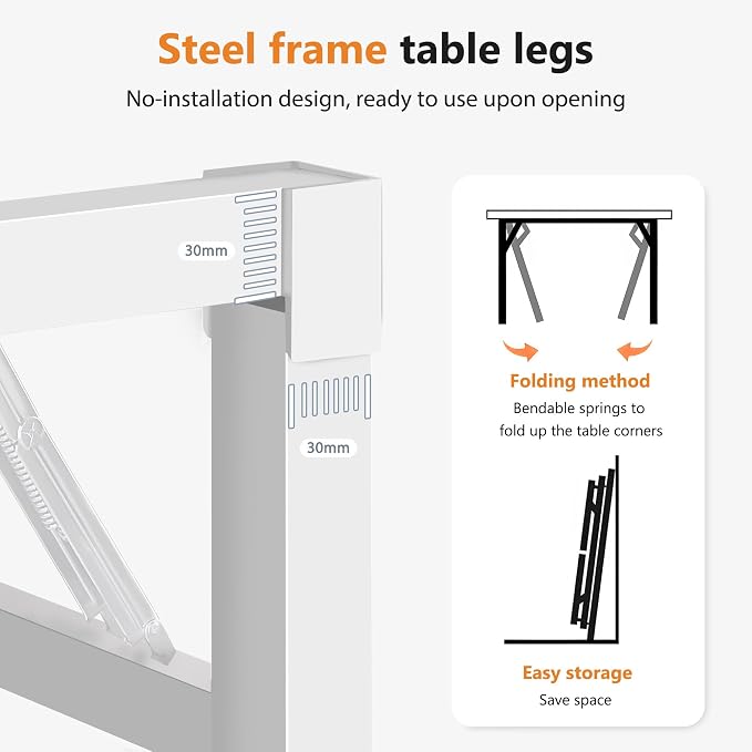 DlandHome 47 Inch Folding Computer Desk, Fully Assembled, Teak White | Foldable Writing Table, Portable Activity Conference Table for Home Office, Wood Top Metal Frame, Collapsible Easy Storage - Image 4