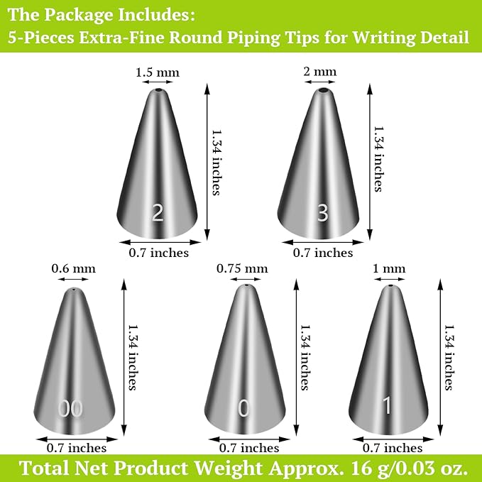 Suuker Extra-Fine Round Piping Tips Set, 5 Pieces Stainless Steel Small Icing Tips Cake Decorating Tip Piping Nozzles, Cake Writing Tool for Easy Cake Cupcake Dessert Cookies Decorating