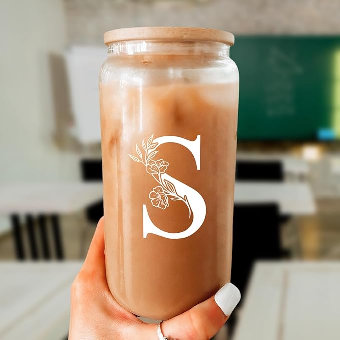 SANDJEST Monogrammed Gifts for Women - Monogram S Initial Glass Cup 16 Oz Can Coffee Cups with Lid and Straw - Monogram Initials Gifts for Womens on Birthday