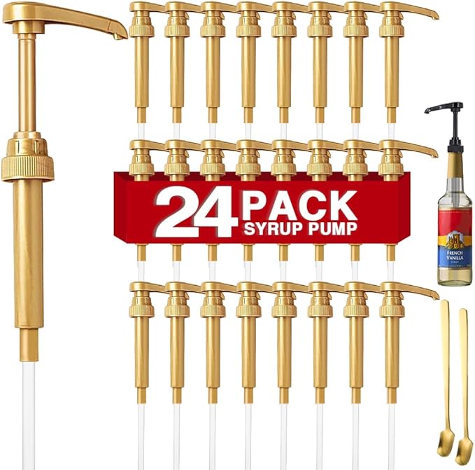 24 Packs Coffee Syrup Pump Dispenser, Fits 25.4 Oz/750ml Coffee Flavoring Syrup Bottles, No Dripping, Great for Home & Coffee Bar Drinking Mixes, Tea, Plus Spoons (Gold,5.23")