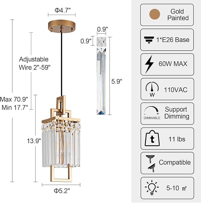 Modern Gold Pendant Light Fixtures for Kitchen Island and Dining Room, Industrial Small Hanging Crystal Chandelier Light Fixture for Bedroom Entryway Living Room Foyer Hallway 1-Pack - Image 2