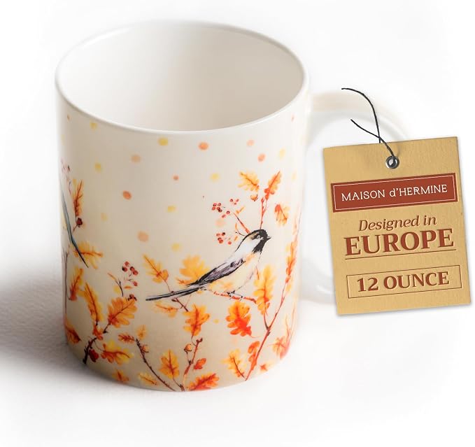 Maison d' Hermine Coffee Mug with Handles Tea Cups (12 Ounce, Pack of 1) | Fine Bone China Coffee Mugs for Hot Beverages Cappuccino Latte Home Restaurant Spring Summer -Oak Leaves - Jaya & Friends by MaisondHermine