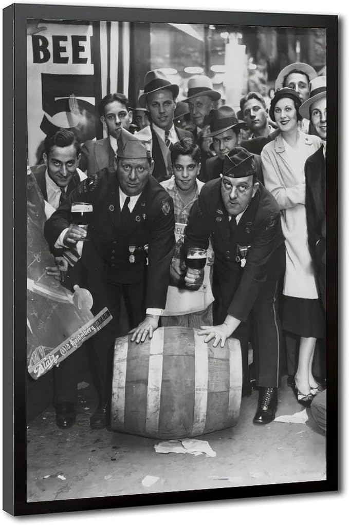 Celebrating Repeal of Prohibition, Beer Keg Poster, Speakeasy Liquor Bar, Black And White , Man Cave , Retro Wall Decor Canvas Poster Bedroom Decor Sports Landscape Office Room Decor Gift Black Frame by Unknown