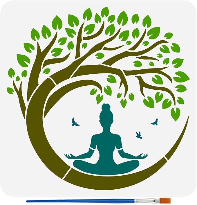 FINGERINSPIRE Tree of Life Stencil with a Paint Brush 11.8x11.8Inch Reusable Yoga Practitioner Stencil PET Birds Yoga Decoration Template Plant Theme Template for Wood Wall Floor Furniture by FINGERINSPIRE