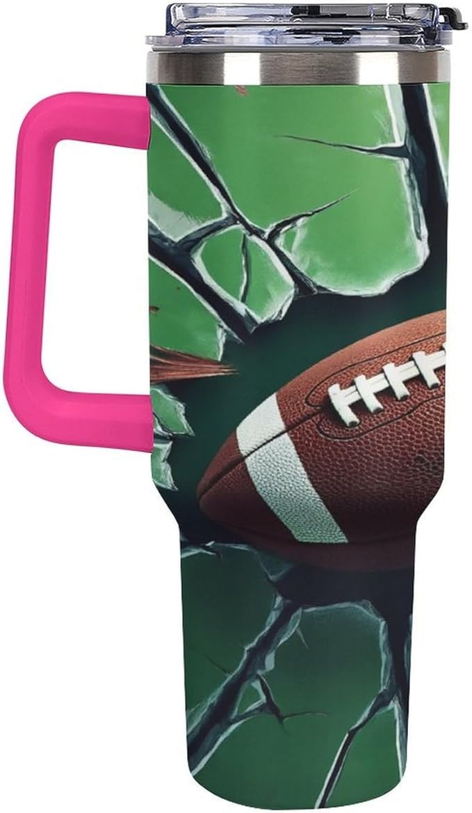 Football Impact on Cracked Glass Tumbler with Handle Insulated Water Travel Coffee Mug Bottle with Lid And Straw Stainless Steel Leak Proof Vacuum Insulated Cup 40 OZ
