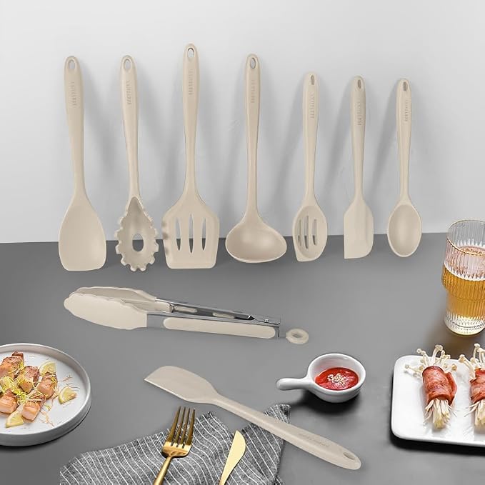 Kitchen Utensil Set - 11 Cooking Utensils - Colorful Silicone Kitchen Utensils - Nonstick Cookware with Spatula Set - Colored Best Kitchen Tools Kitchen Gadgets (Khaki) - Image 3