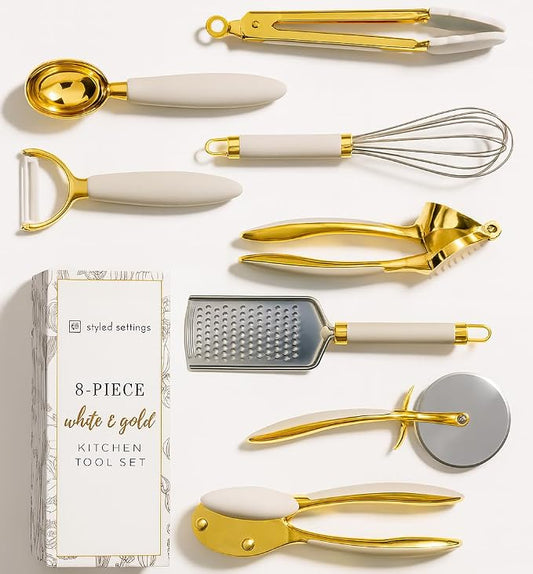 Styled Settings White & Gold Cooking Utensils Set, 8-Piece | Kitchen Utensils Set Includes Can Opener, Tongs and Garlic Press, White and Gold Kitchen Accessories for Kitchens by STYLEDSETTINGS