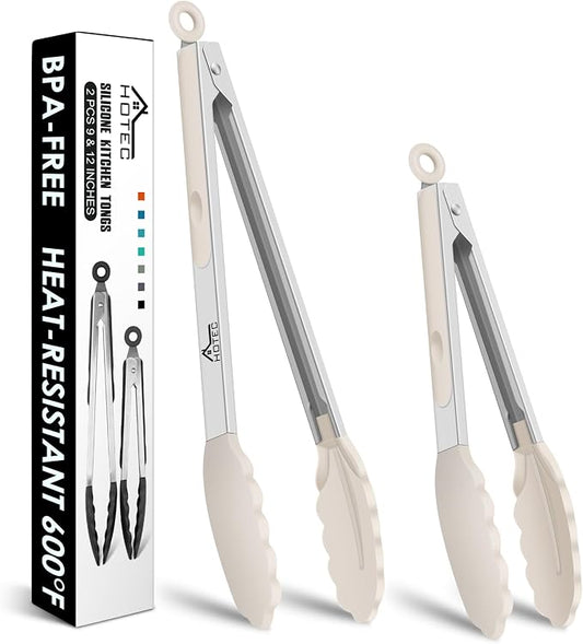HOTEC Premium Stainless Steel Locking Kitchen Tongs with Silicon Tips, Set of 2-9" and 12",Khaki by Hotec