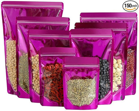 150 Pcs Mylar Bags for Food Storage, 5x8 Mylar Bag with Window Stand Up, Small Holographic Resealable Bags Smell Proof Bag Food Packaging for Small Business Freeze Dried Candy Jewelry Foil Packaging by Circloophs
