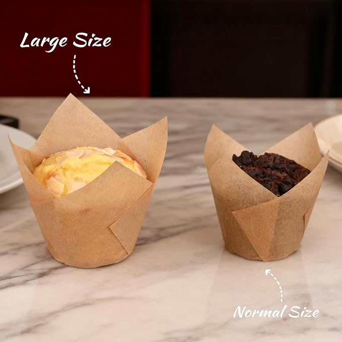 100pcs Extra Large Size Tulip Cupcake Liners for Baking Cups, Food Grade Parchment Paper Large Muffin Liners Holders, Greaseproof Cup cake Wrappers for Party, Christmas by Neyimqr (Natural) - Image 4