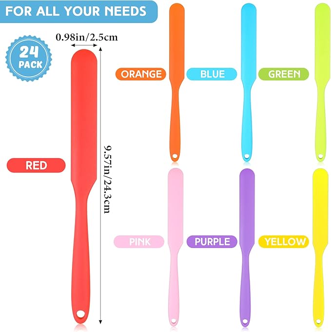 Lasnten 24 Pcs Silicone Jar Spatula Set Heat Resistant Silicone Jar Spatula Flexible Non Stick Jam Spatula with Long Handle Mixing Batter Scraper for Butter Cake Cream Icing Cooking Kitchen Baking