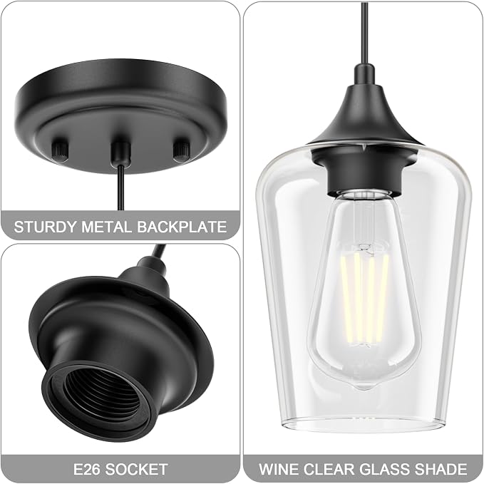 Ralbay Matte Black Industrial Pendant Light 3-Pack, Pendant Light Fixtures with Wine Clear Glass Shade, Adjustable Height for Kitchen Island, Farmhouse Dining Room Hanging Lighting Fixture - Image 4